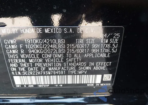 2025 Honda Hr-V Awd Ex-L z USA, uszkodzony, nr VIN 3CZRZ2H7XSM794591